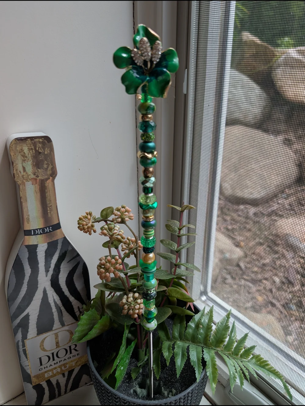 Hand Made Fairy Wand/Plant/Garden Stake W/Green Enamel Flower Topper🌺